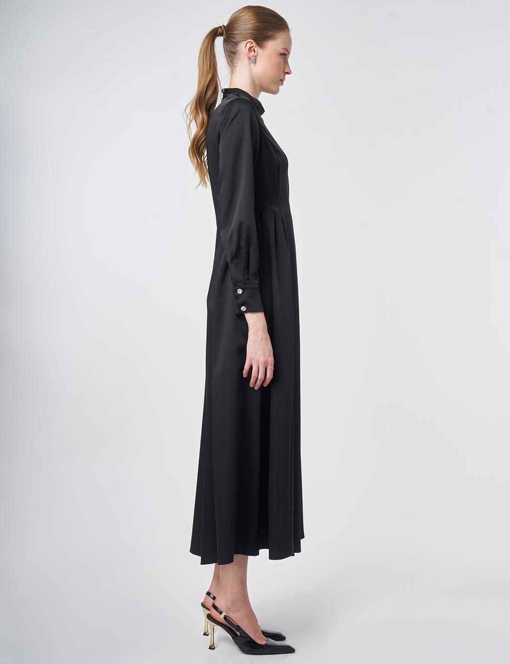 Pleated Satin Dress – Black