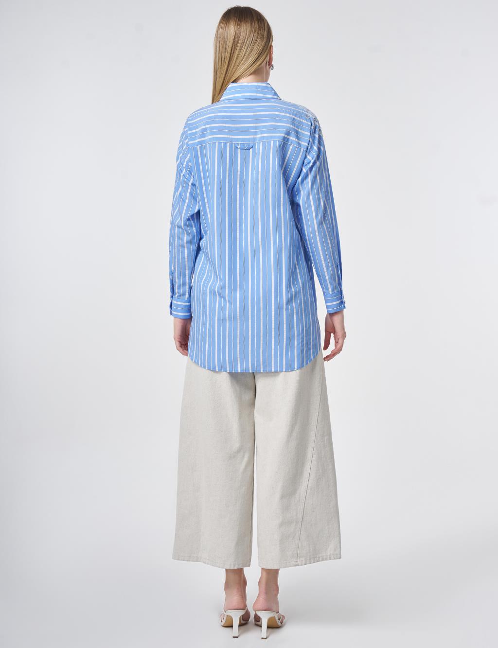 Striped Embroidered Appliqué Viscose Tunic – Air Force Blue