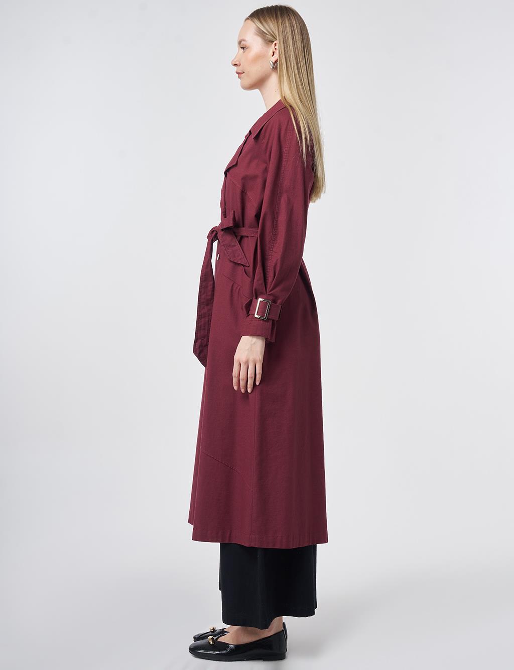 Stitch-Detail Trench Coat – Burgundy