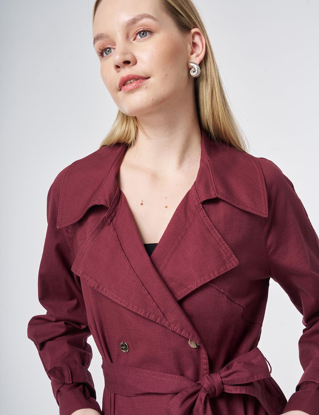 Stitch-Detail Trench Coat – Burgundy