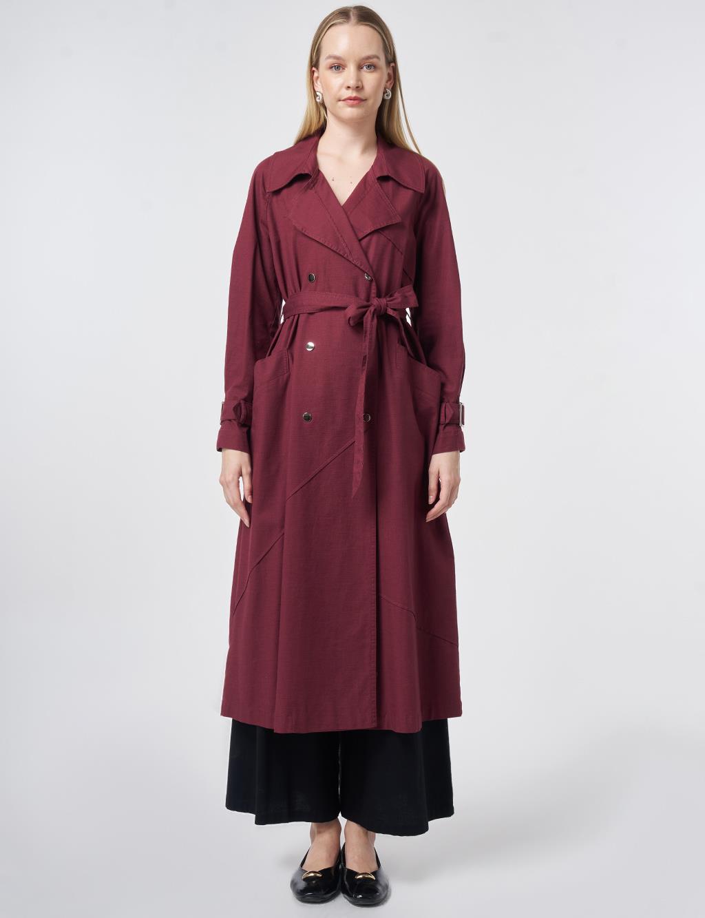 Stitch-Detail Trench Coat – Burgundy