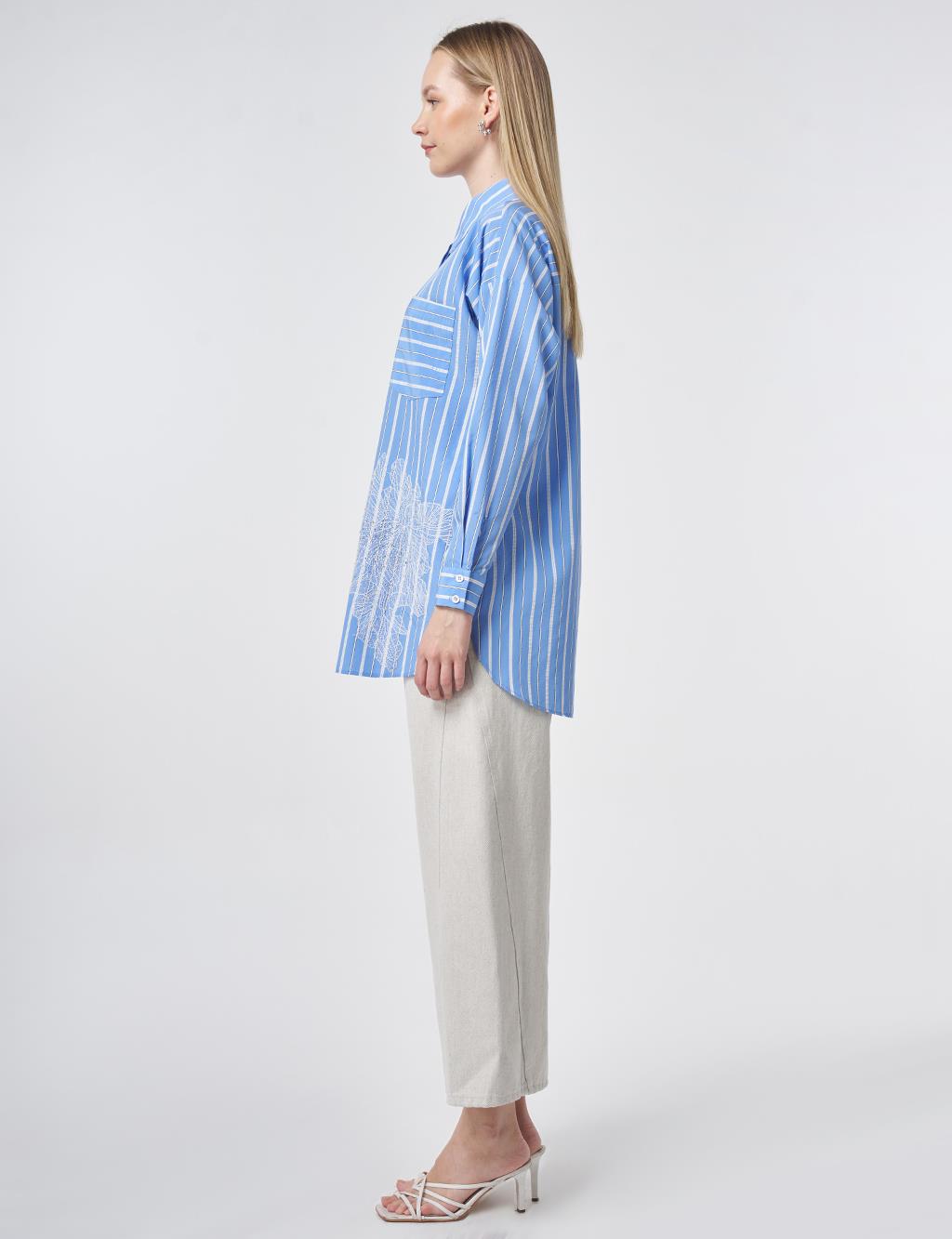 Striped Embroidered Appliqué Viscose Tunic – Air Force Blue