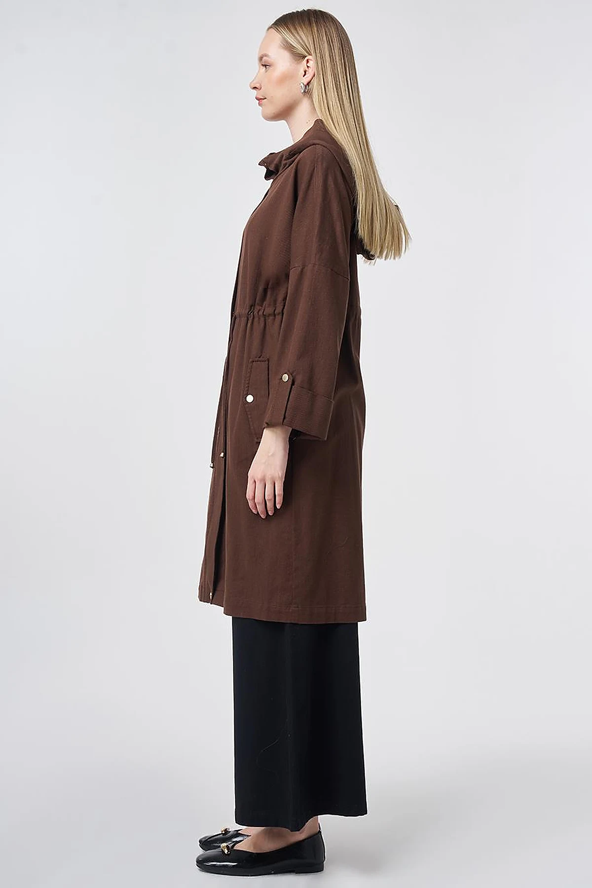 Waist Gathered Coat – Chocolate