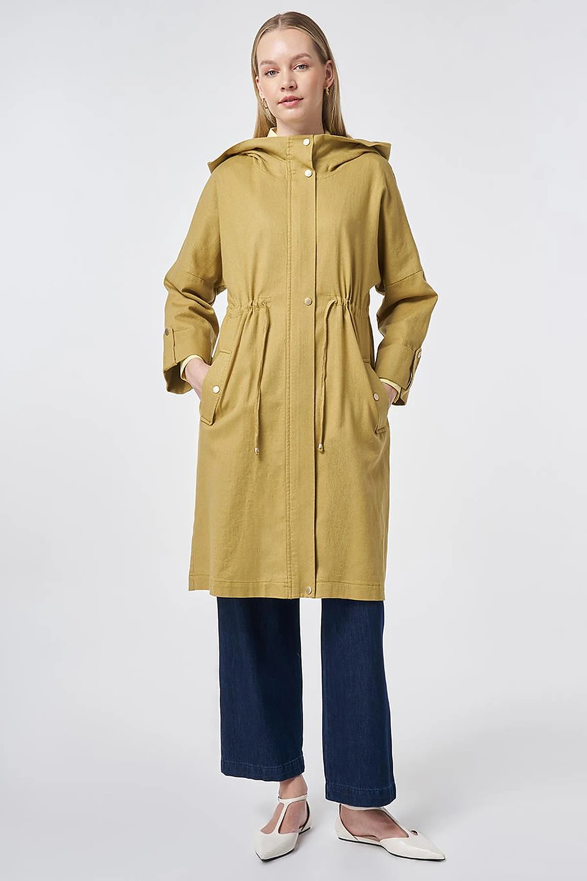 Waist Gathered Coat – Oil Green