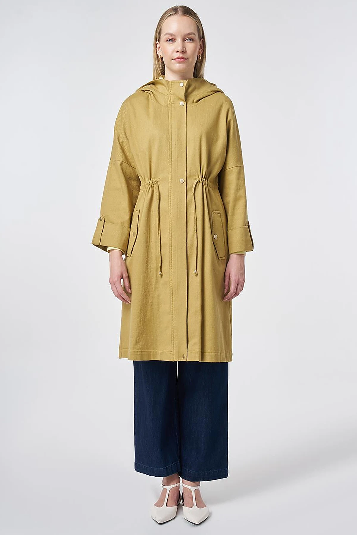 Waist Gathered Coat – Oil Green