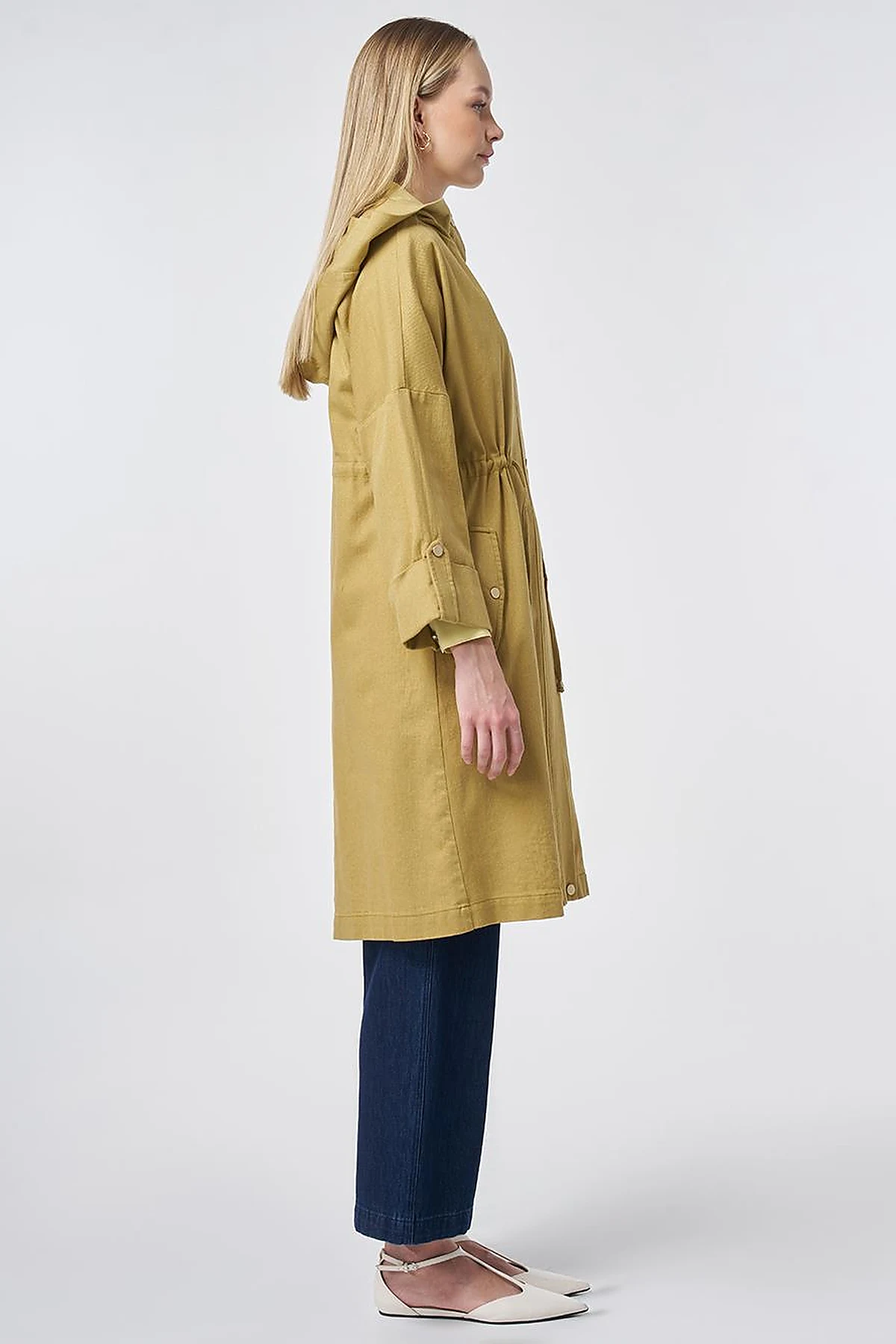 Waist Gathered Coat – Oil Green