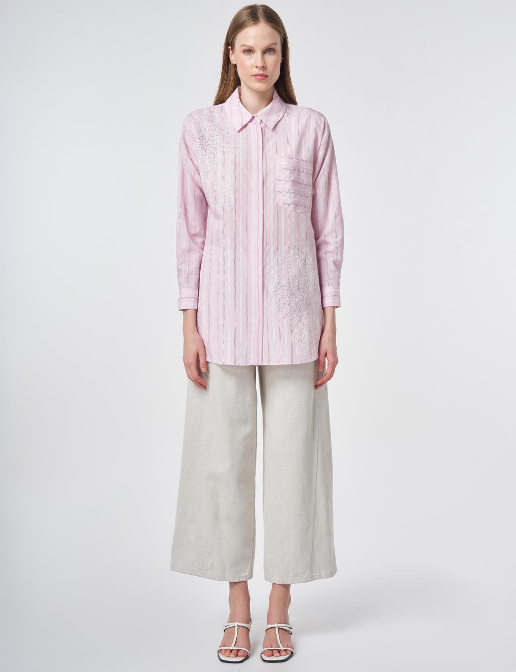 Striped Embroidered Appliqué Viscose Tunic – Powder Pink