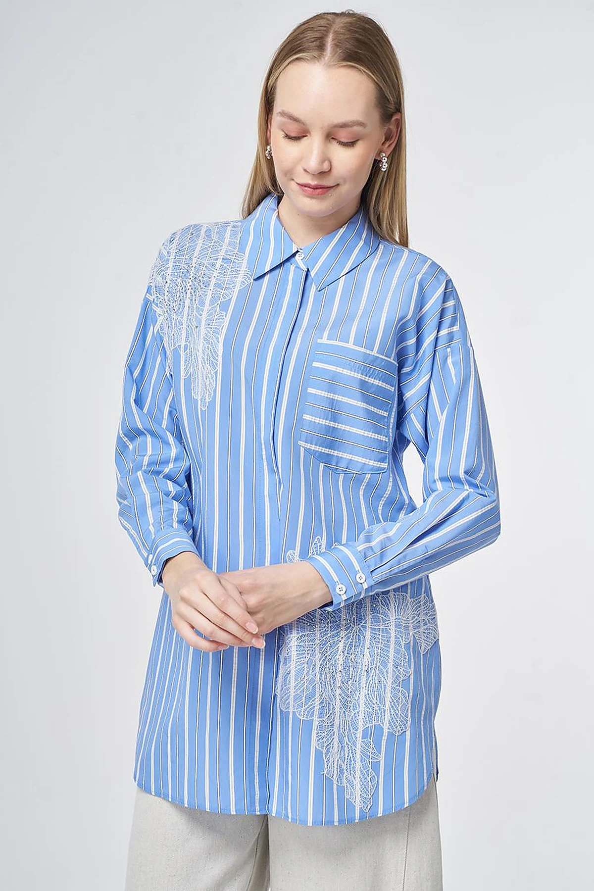 Striped Embroidered Appliqué Viscose Tunic – Air Force Blue