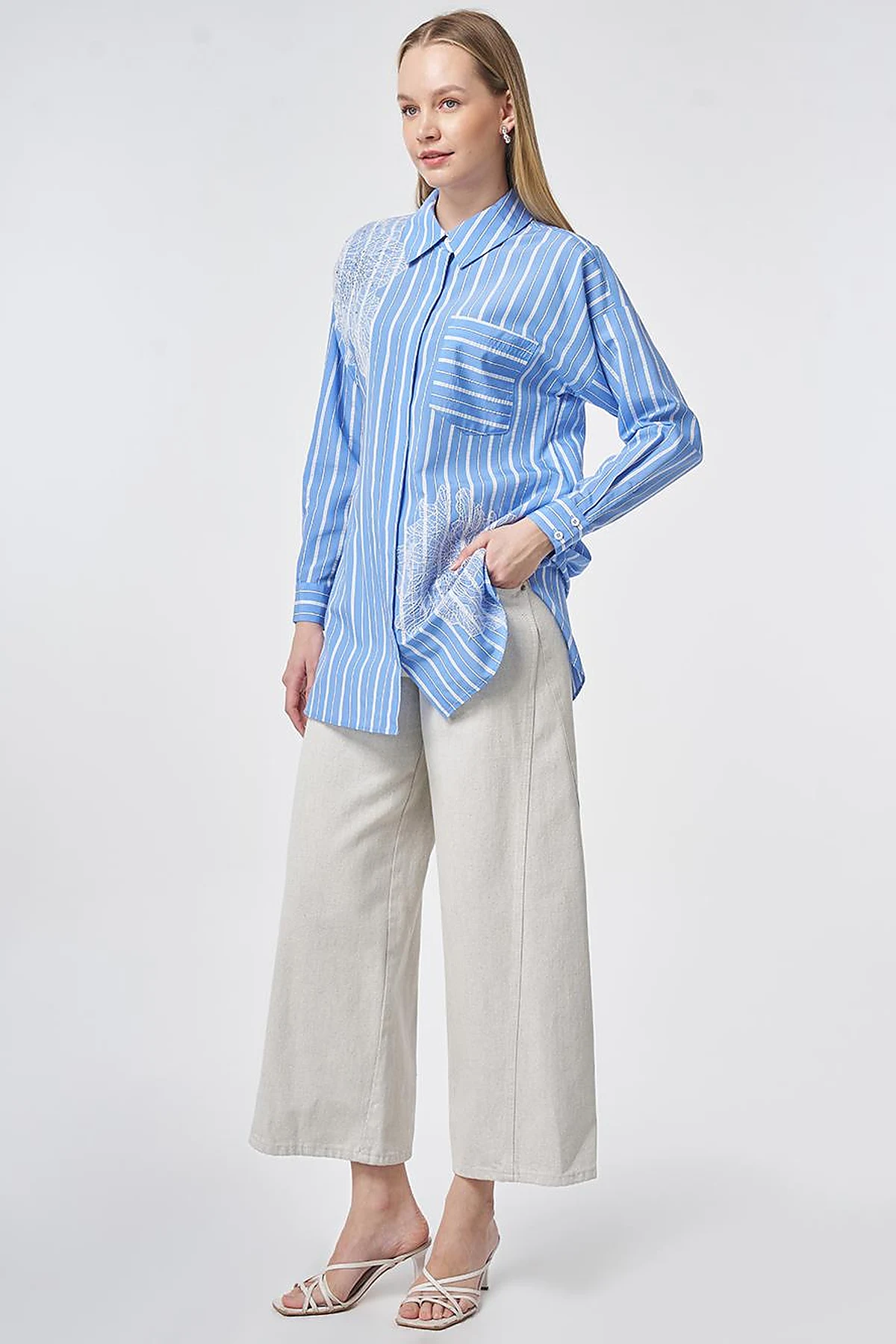 Striped Embroidered Appliqué Viscose Tunic – Air Force Blue
