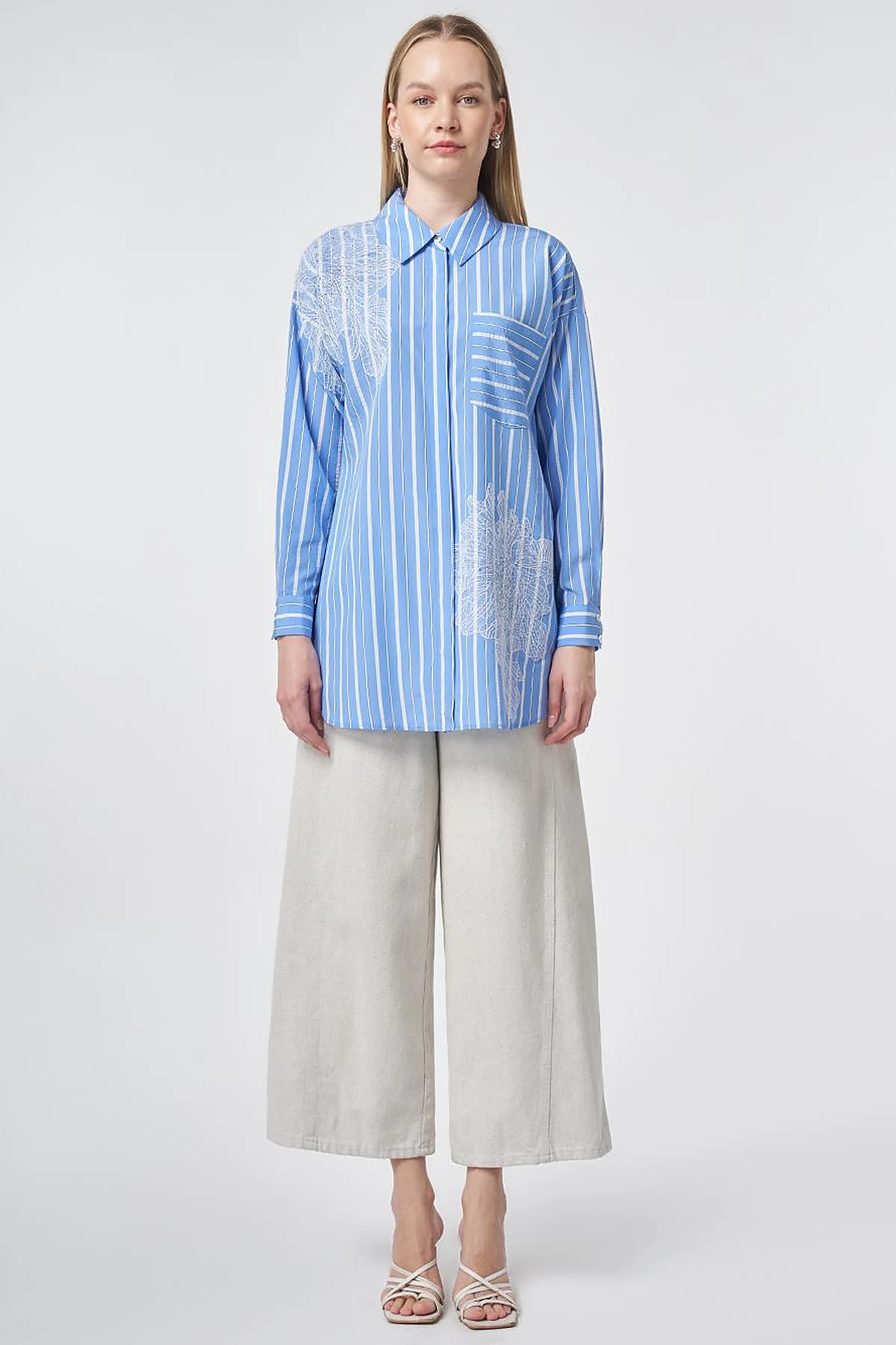 Striped Embroidered Appliqué Viscose Tunic – Air Force Blue
