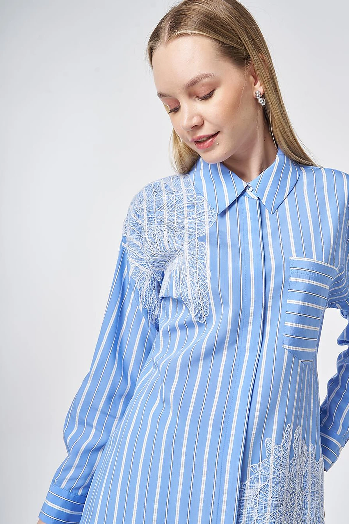 Striped Embroidered Appliqué Viscose Tunic – Air Force Blue
