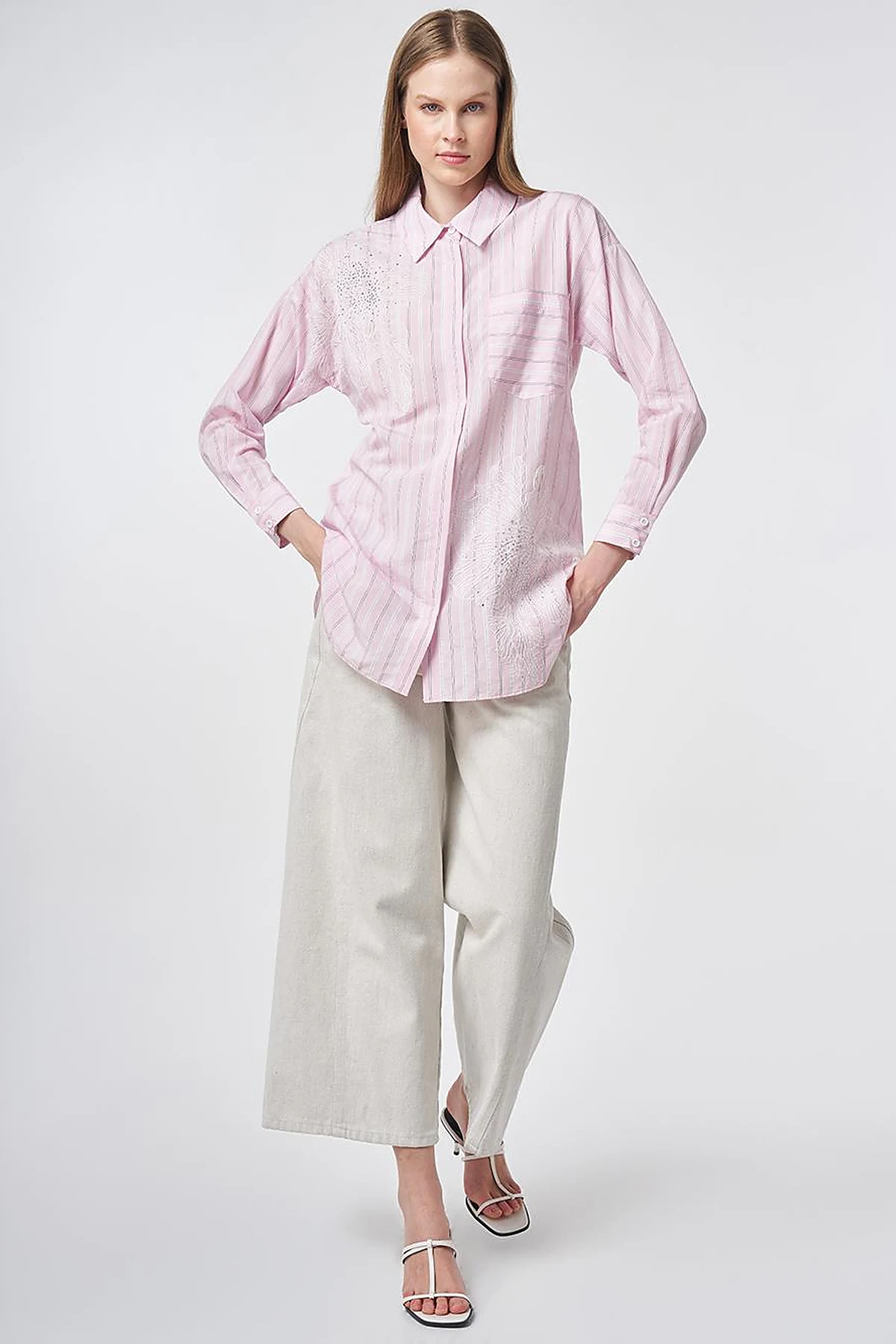 Striped Embroidered Appliqué Viscose Tunic – Powder Pink