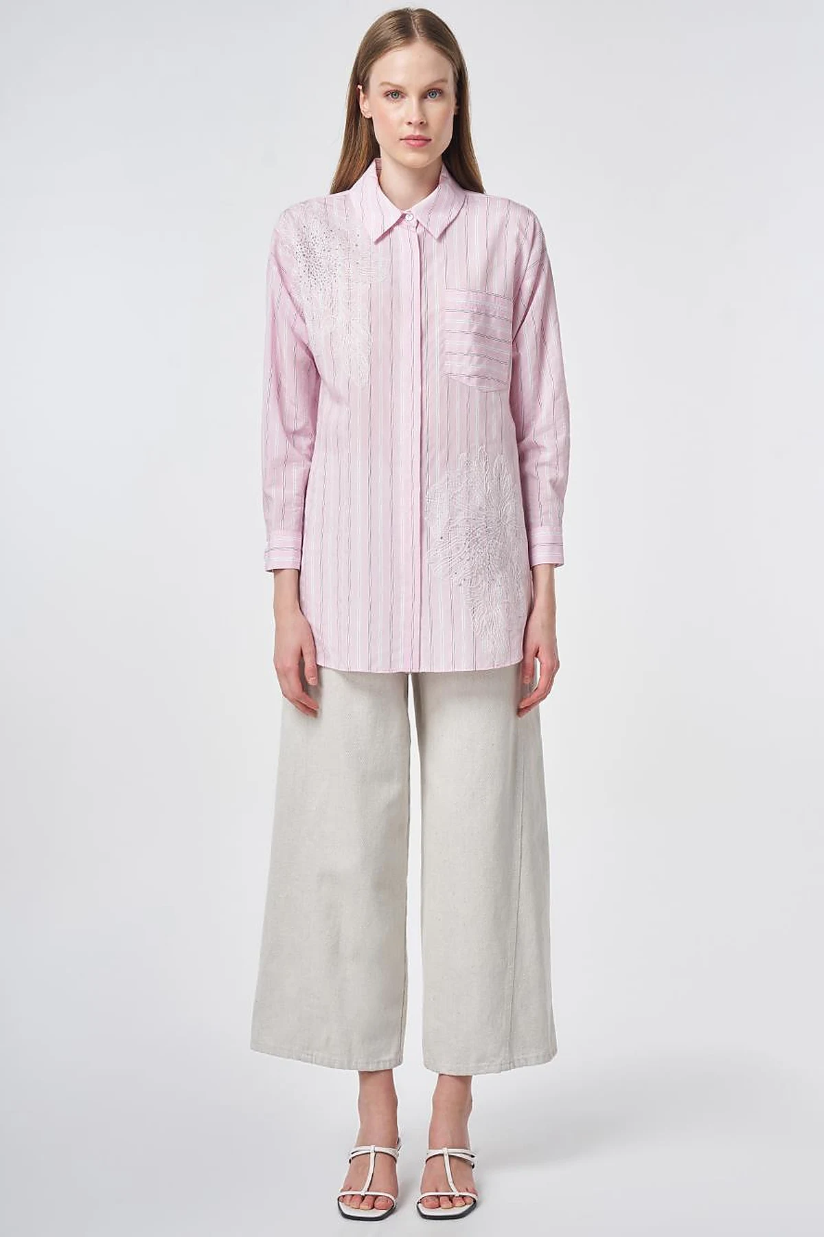 Striped Embroidered Appliqué Viscose Tunic – Powder Pink