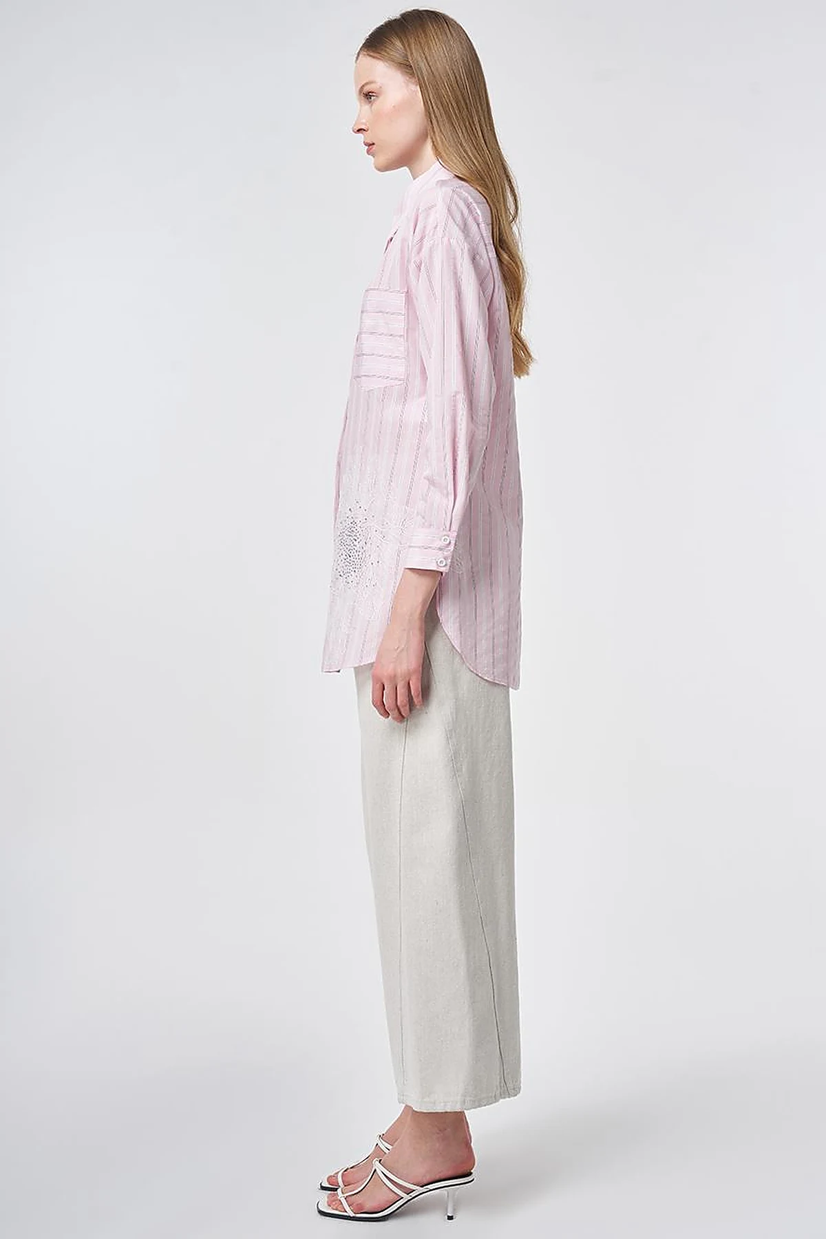 Striped Embroidered Appliqué Viscose Tunic – Powder Pink