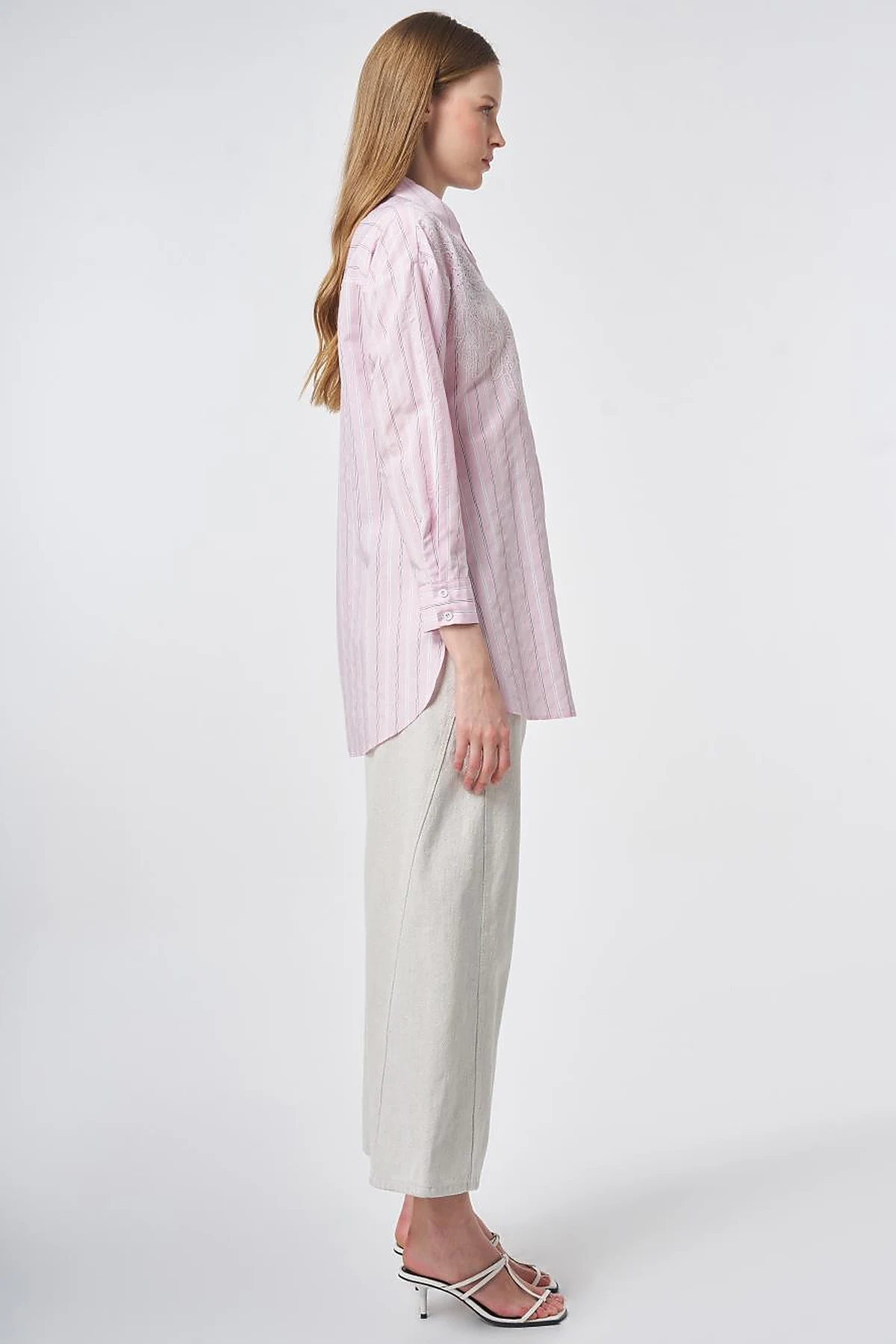 Striped Embroidered Appliqué Viscose Tunic – Powder Pink