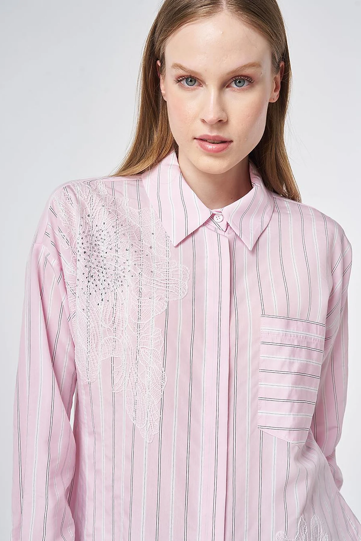 Striped Embroidered Appliqué Viscose Tunic – Powder Pink