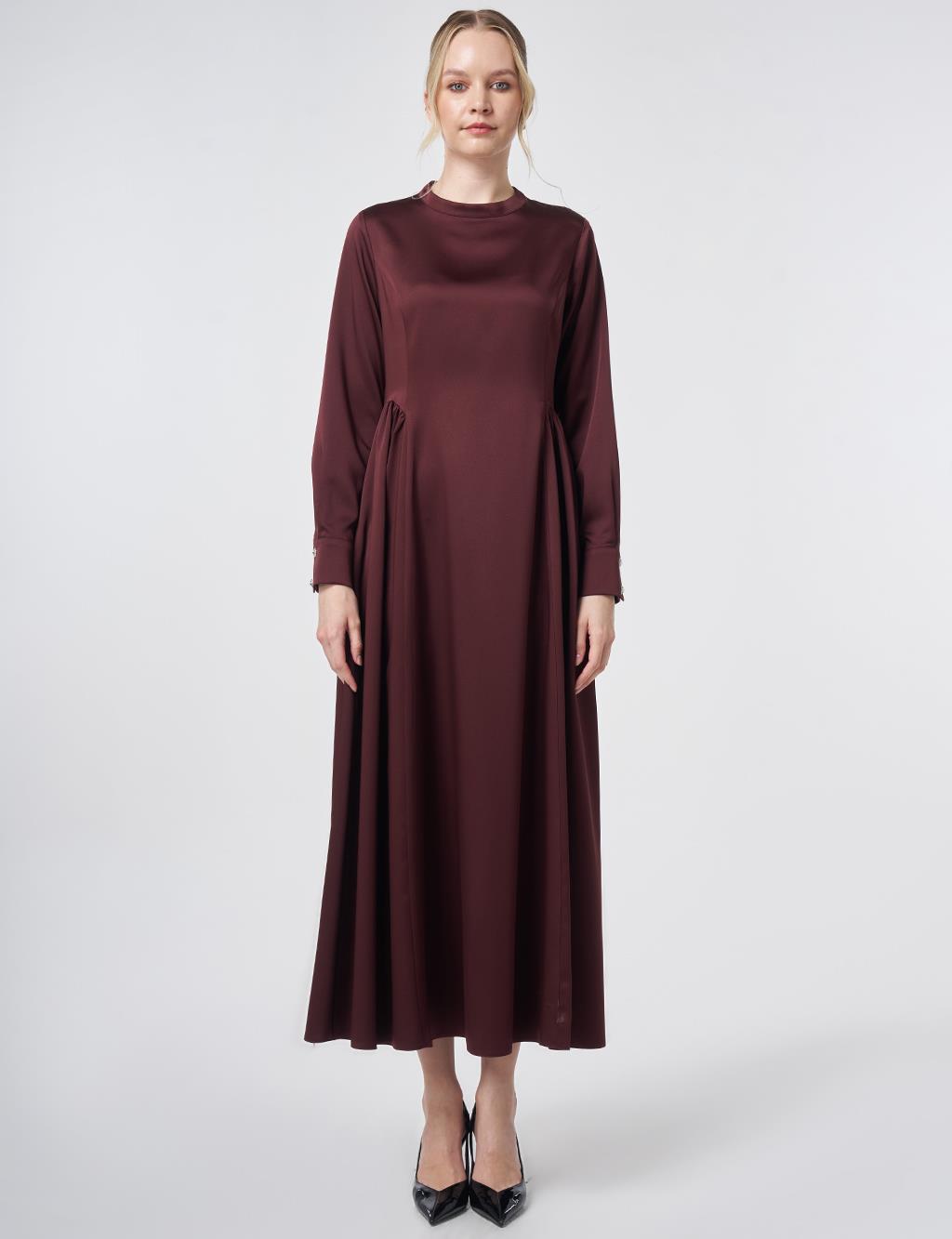 Pleated Satin Dress – Burgundy