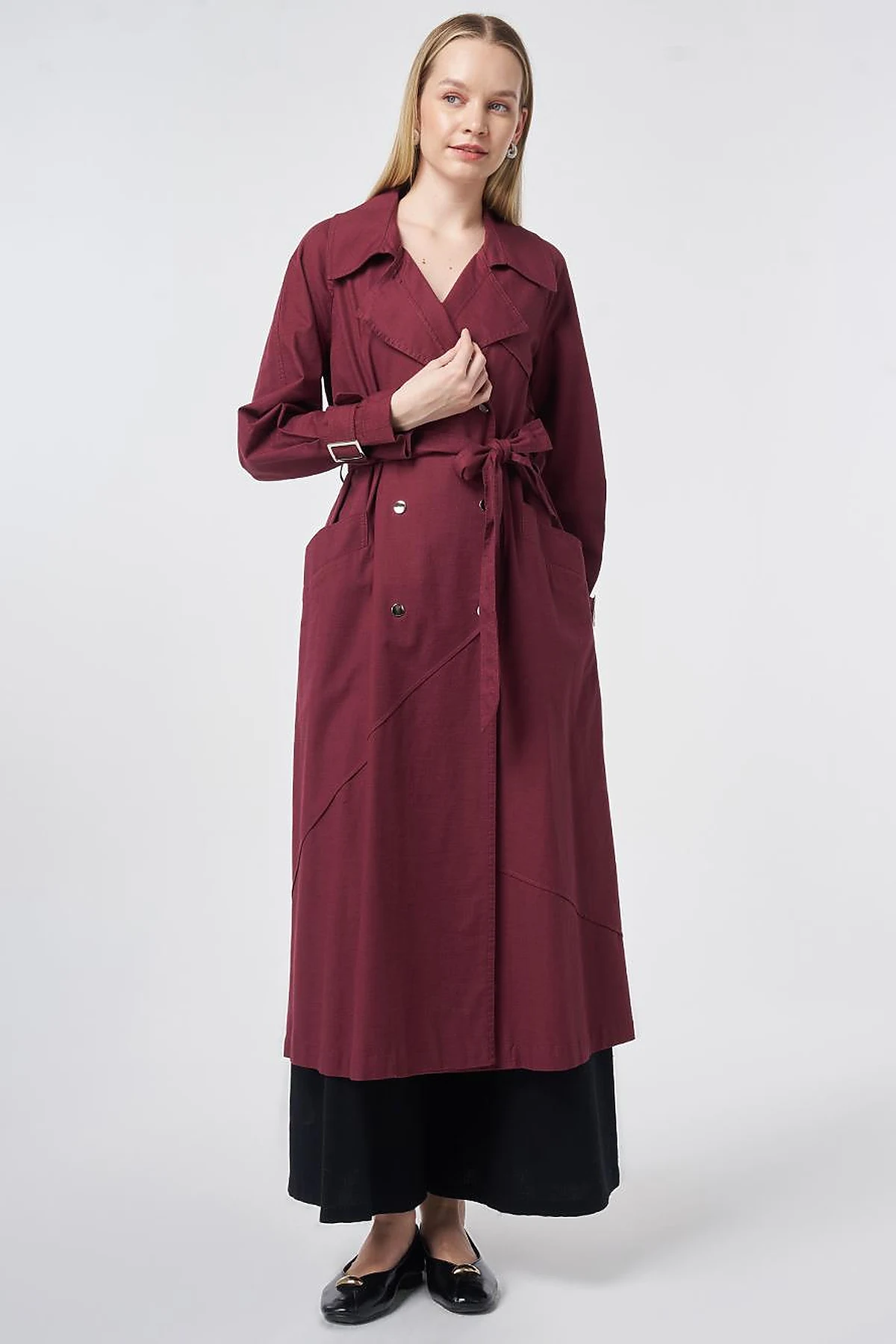 Stitch-Detail Trench Coat – Burgundy
