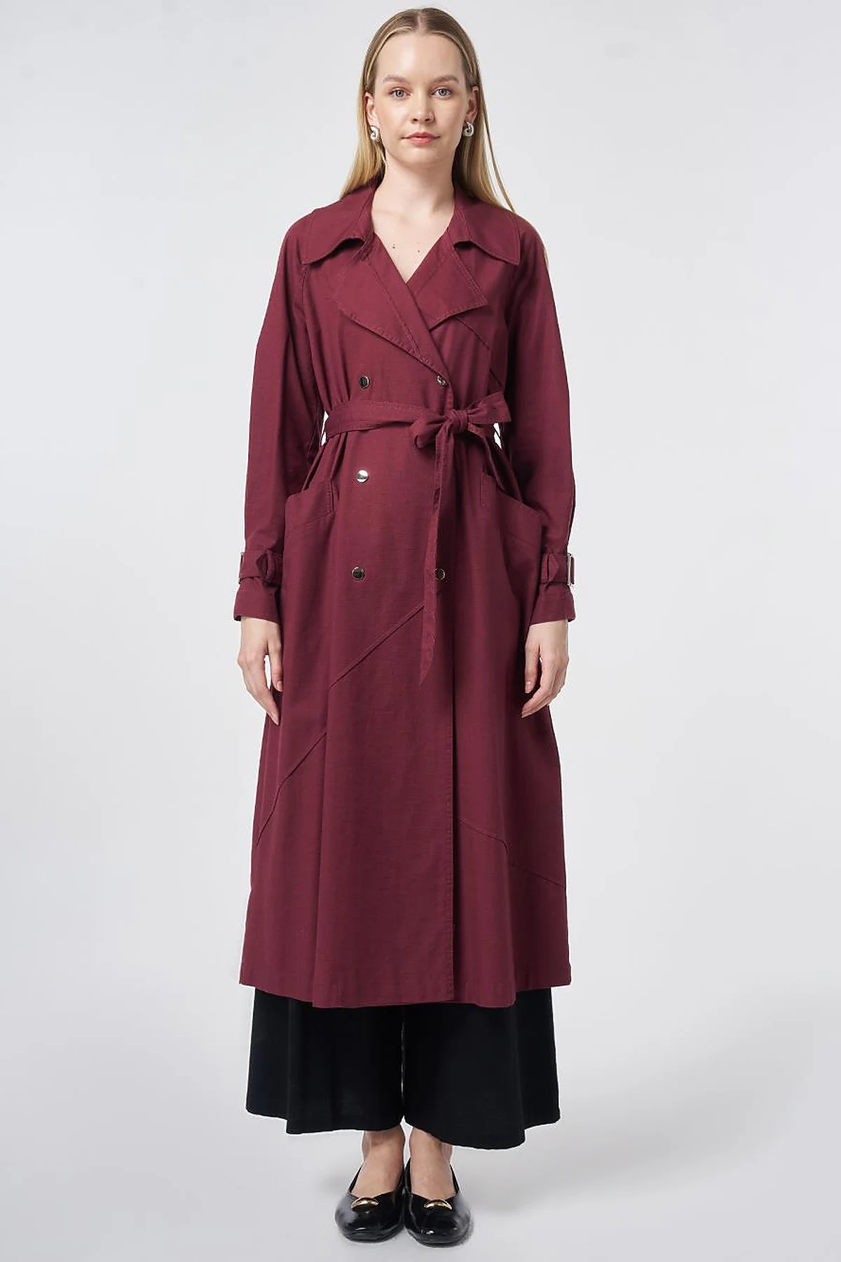 Stitch-Detail Trench Coat – Burgundy