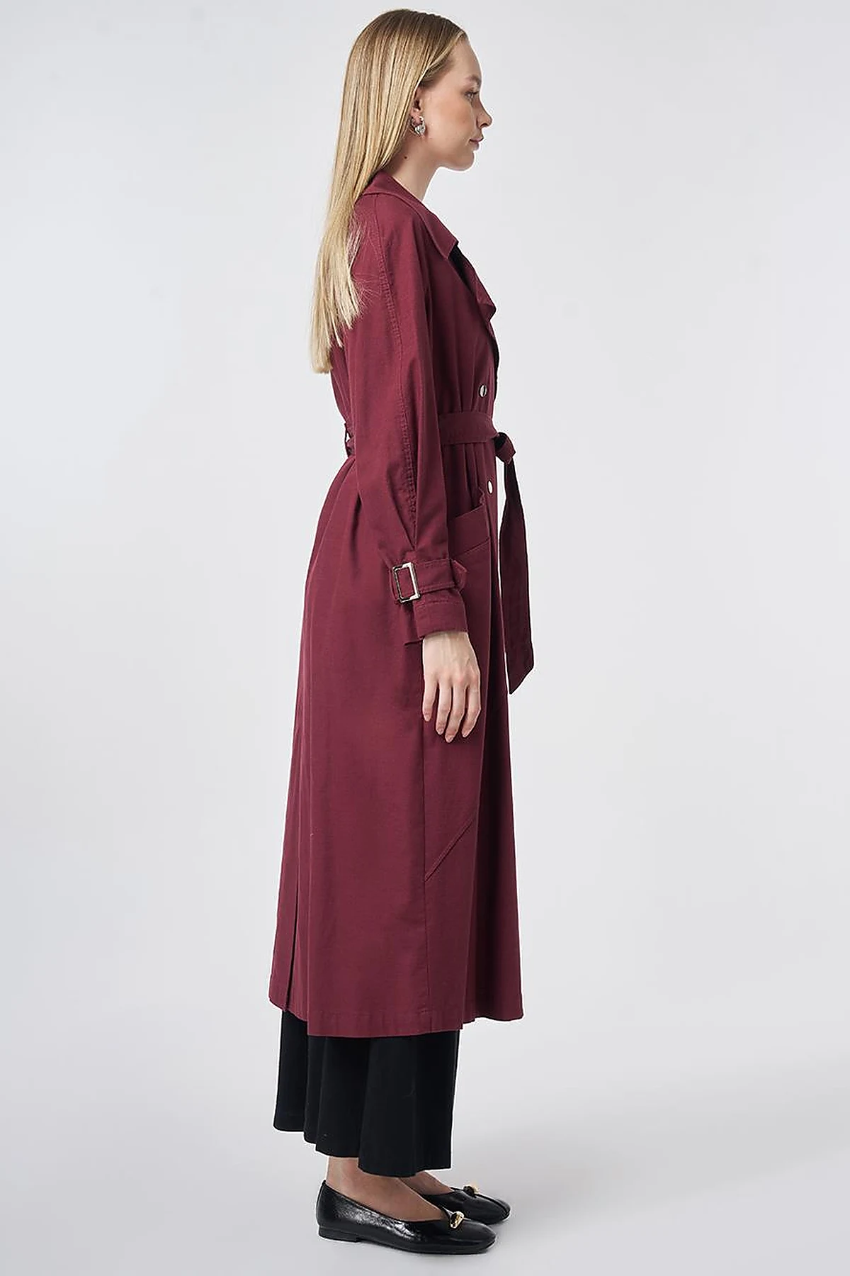 Stitch-Detail Trench Coat – Burgundy
