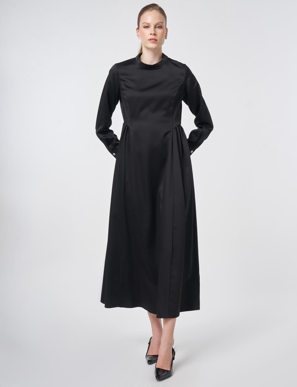 Pleated Satin Dress – Black