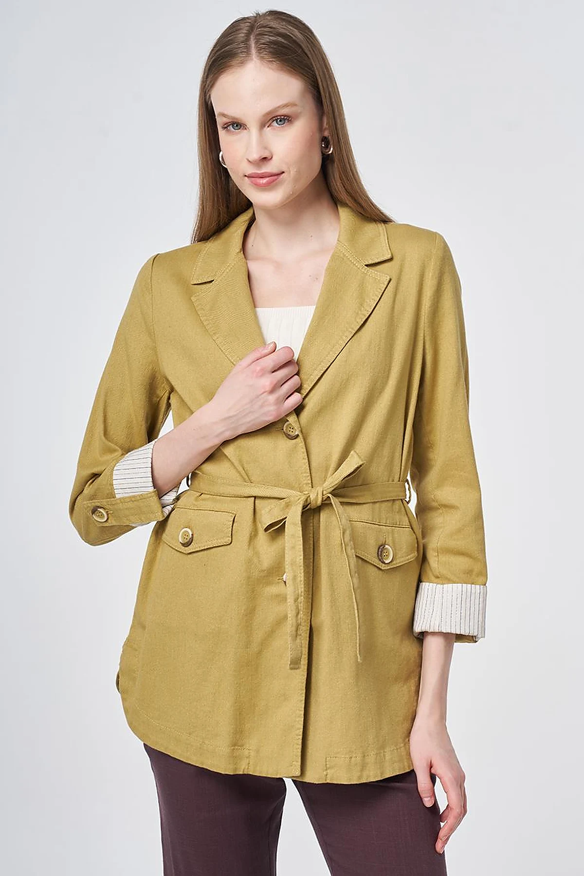 Belted Jacket with Cuff Details – Oil Green