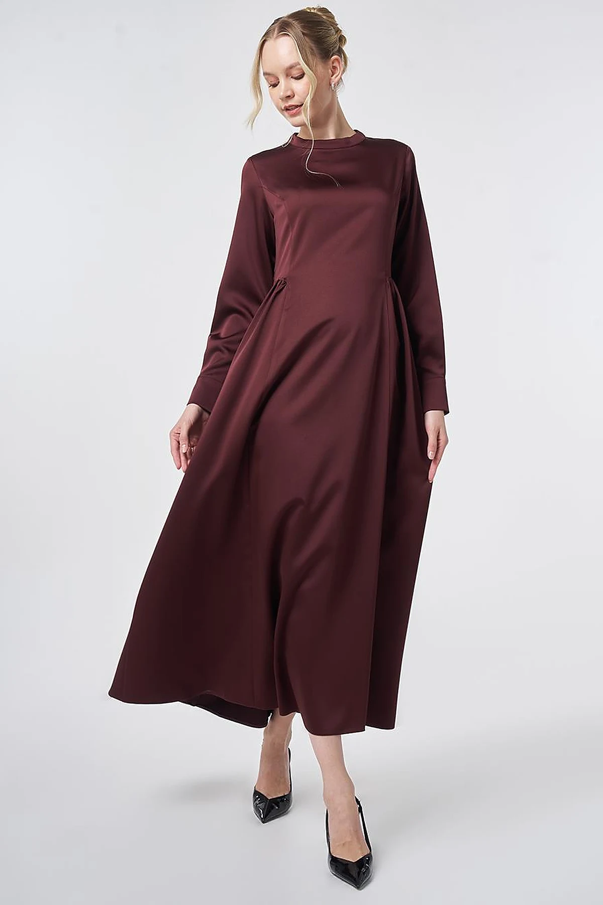 Pleated Satin Dress – Burgundy