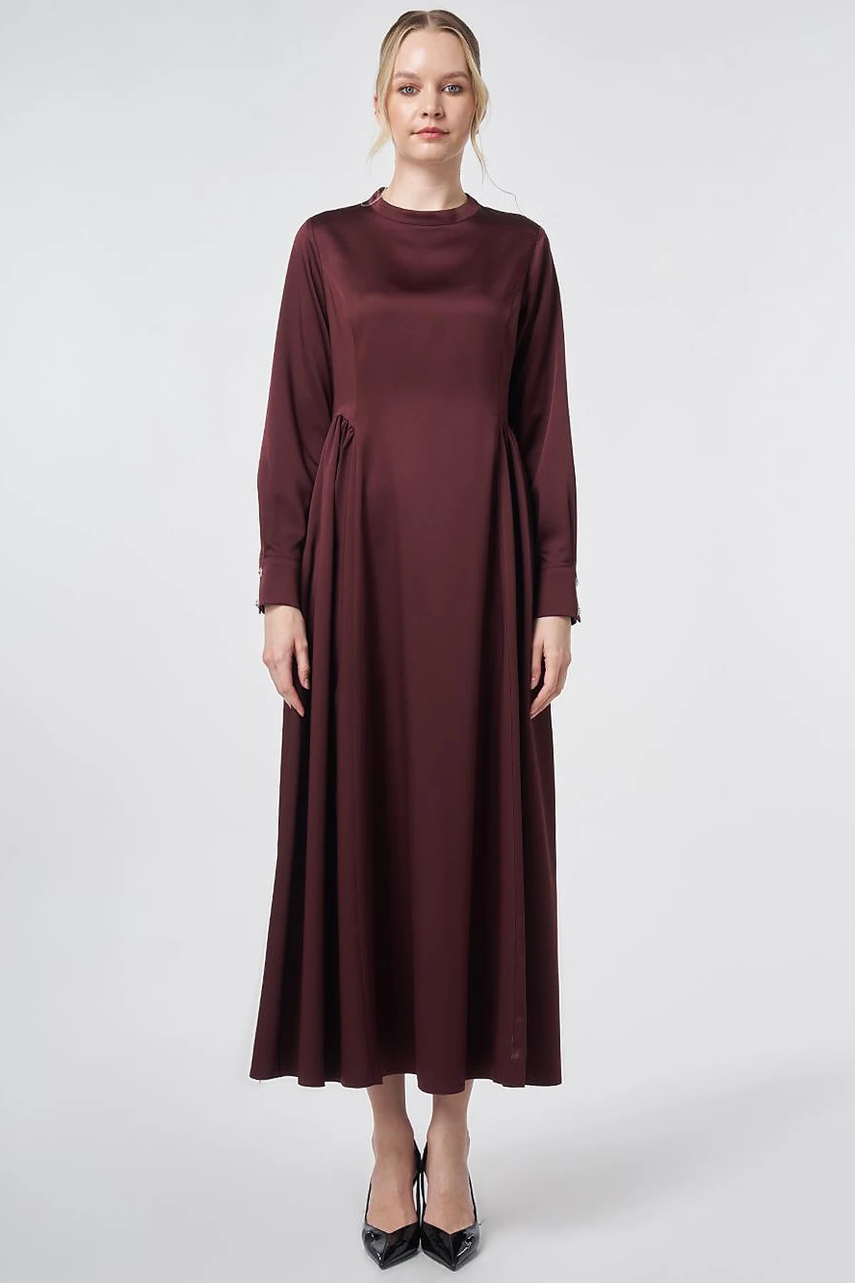Pleated Satin Dress – Burgundy