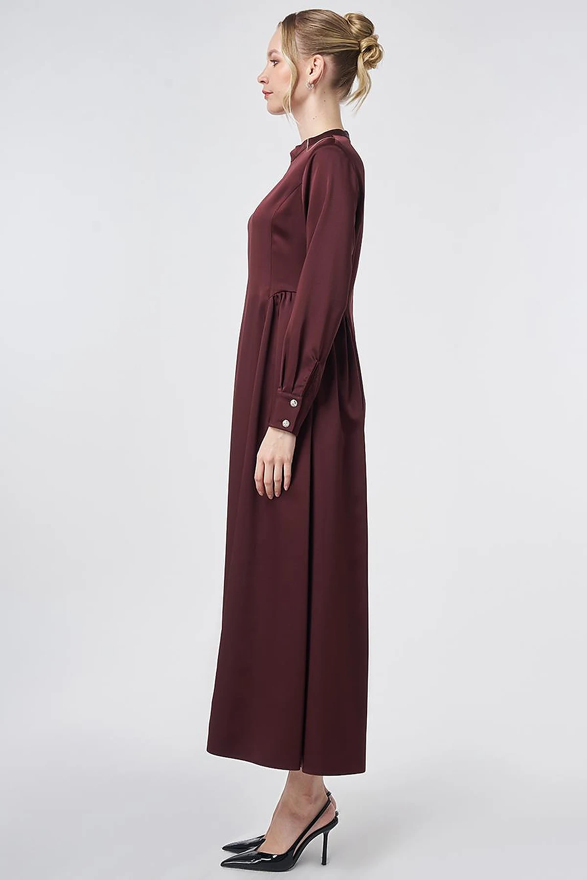 Pleated Satin Dress – Burgundy