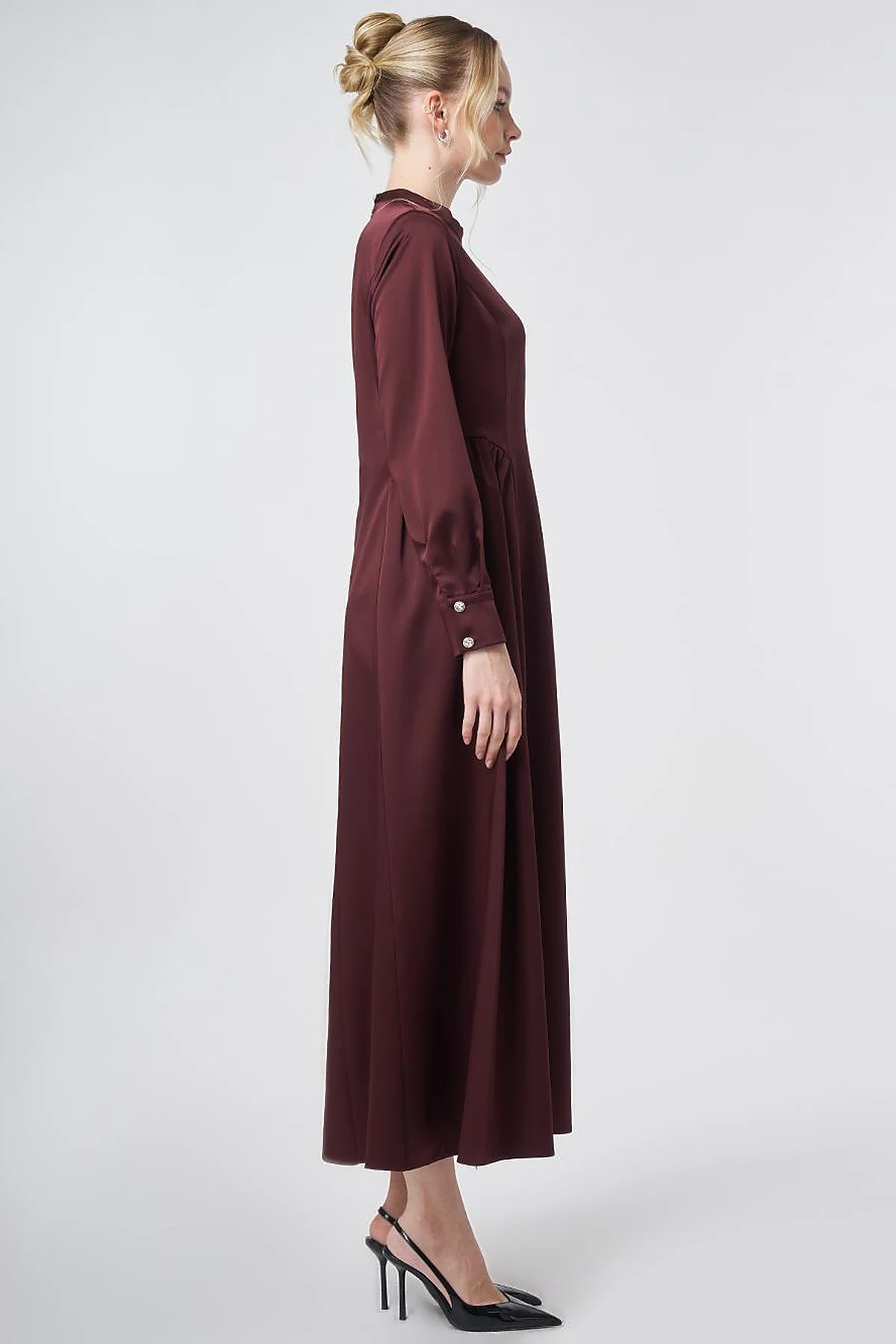 Pleated Satin Dress – Burgundy