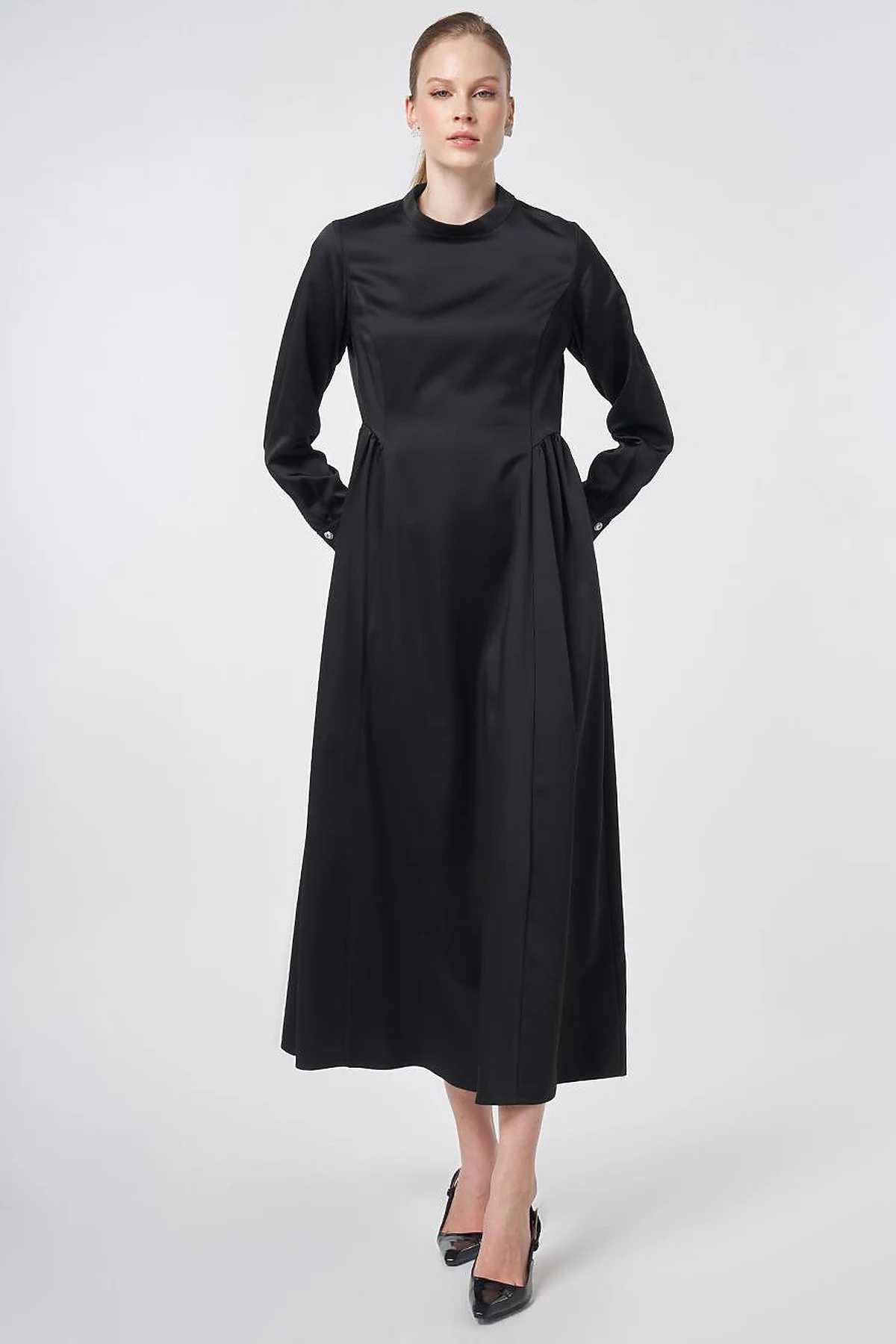 Pleated Satin Dress – Black