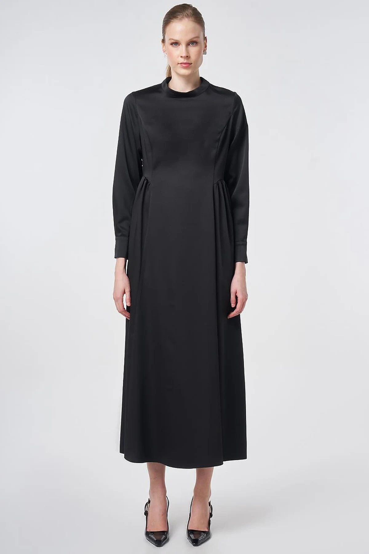 Pleated Satin Dress – Black