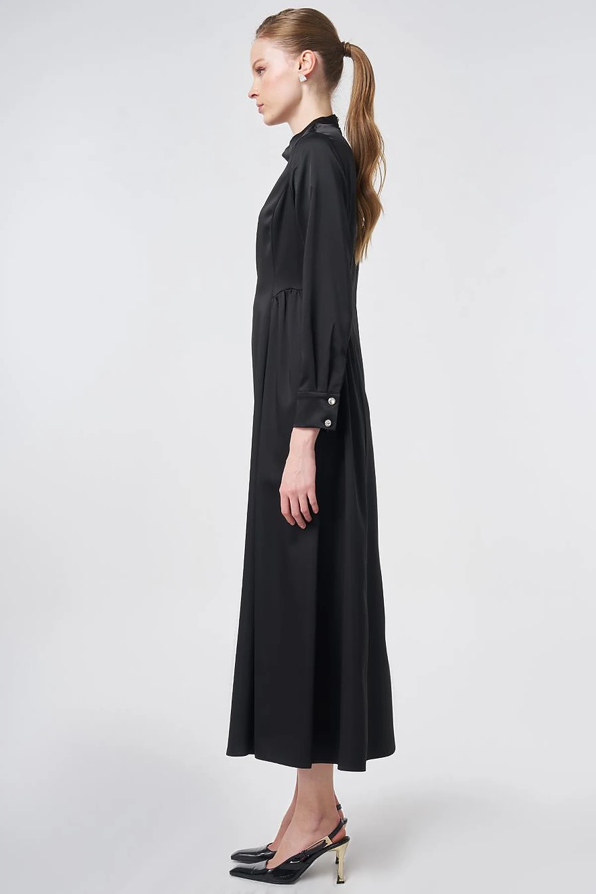 Pleated Satin Dress – Black
