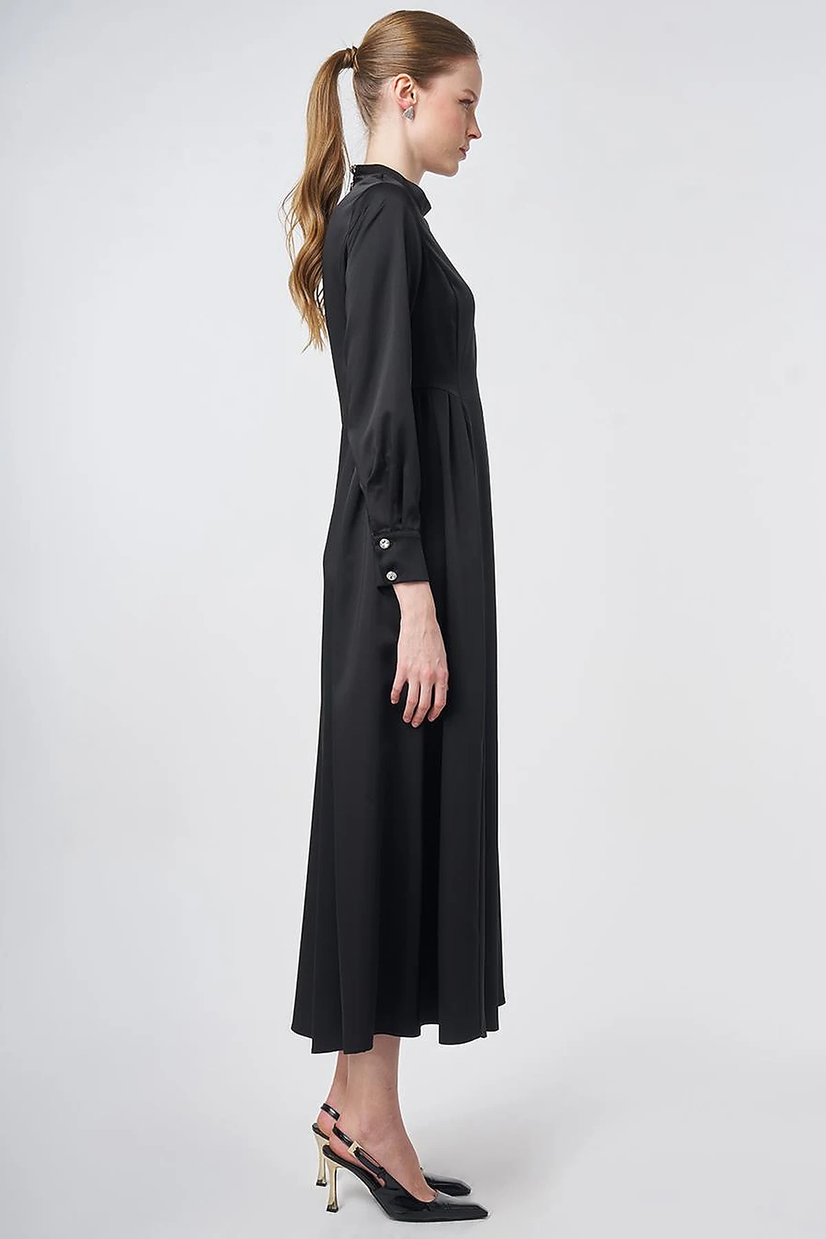 Pleated Satin Dress – Black