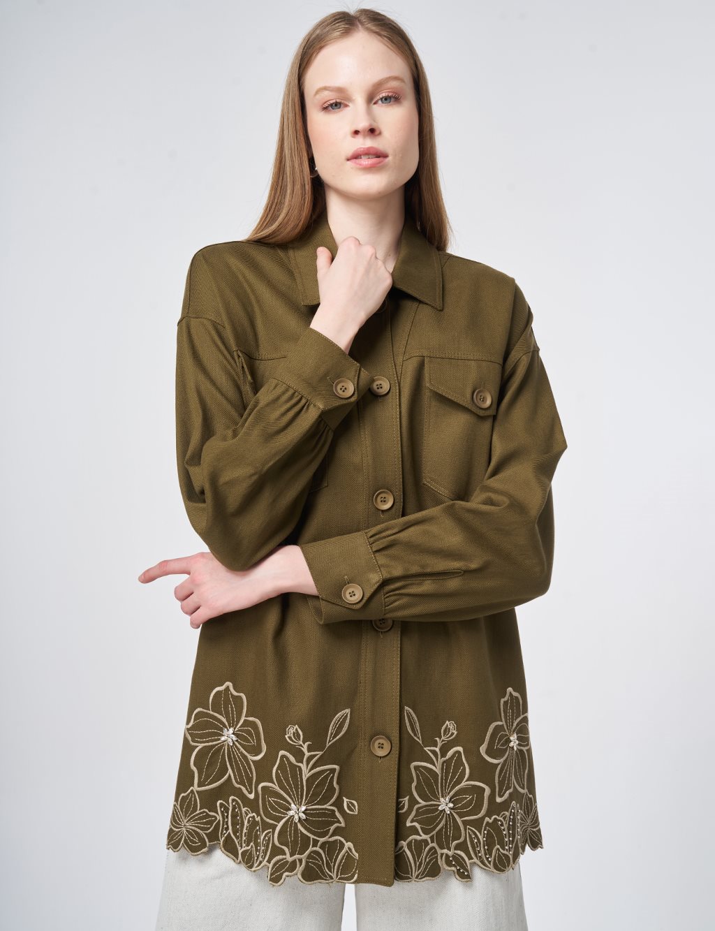 Embroidered Non-Denim Jacket Dark Khaki