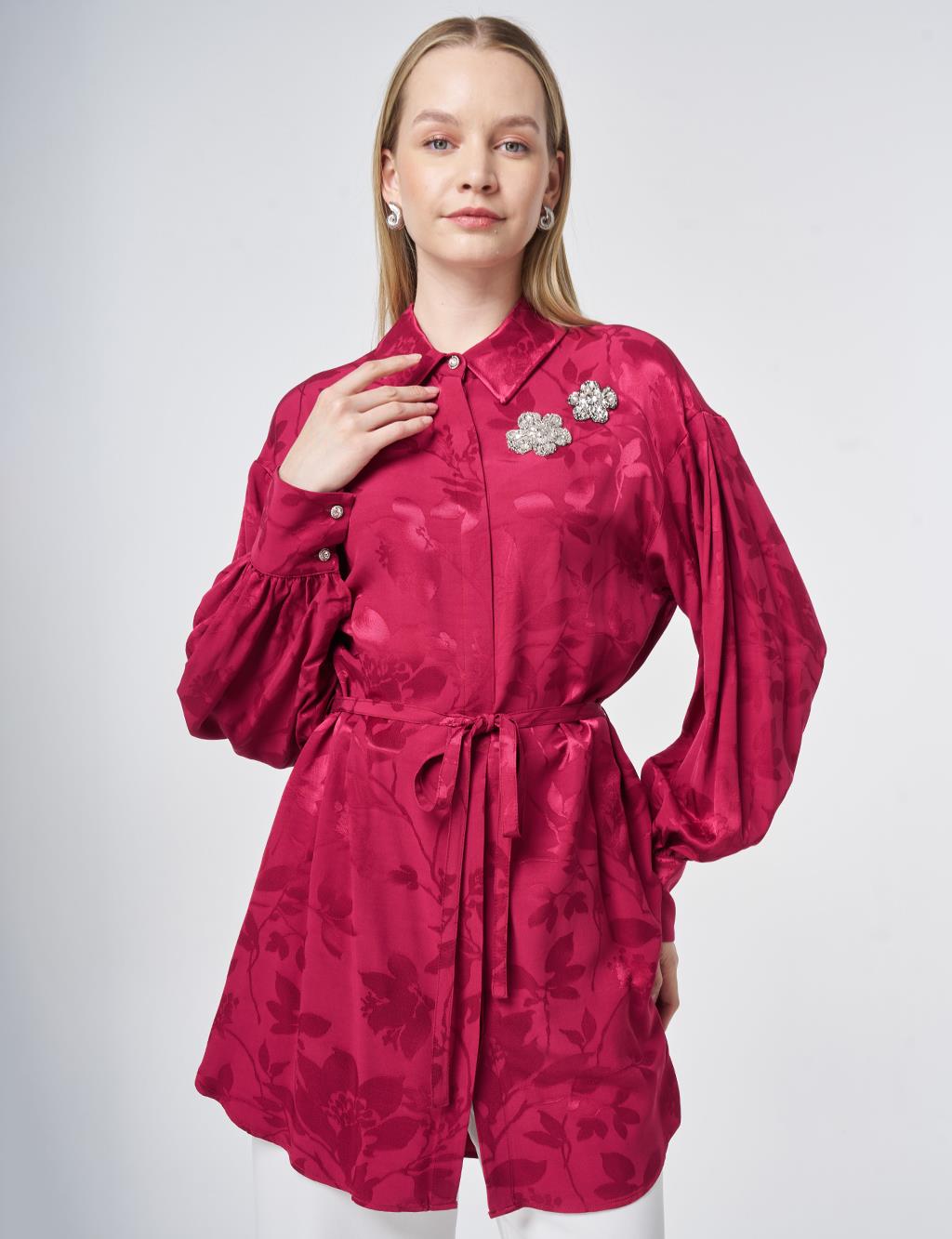 Tie Belt Detailed Wide Cuff Viscose Tunic – Cherry