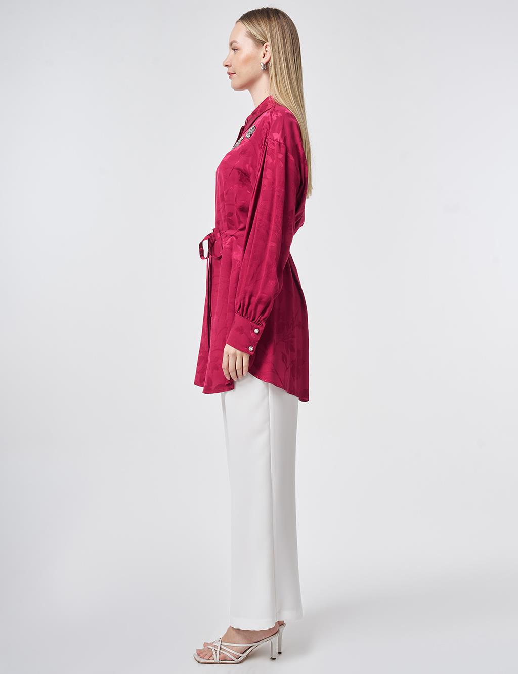 Tie Belt Detailed Wide Cuff Viscose Tunic – Cherry