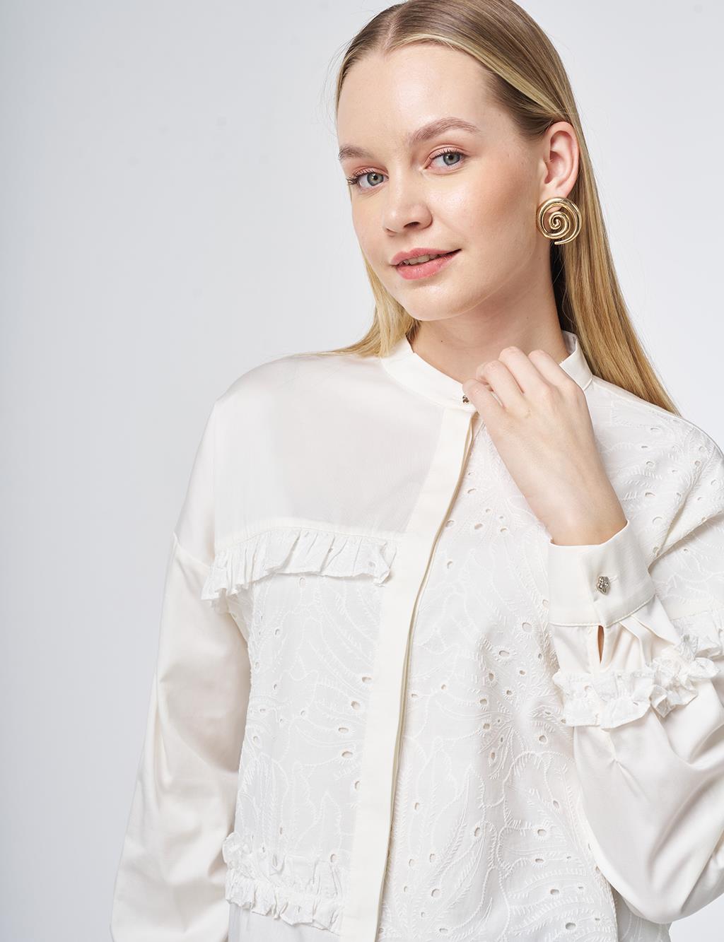 Broderie Trim Modal Blouse – Ecru