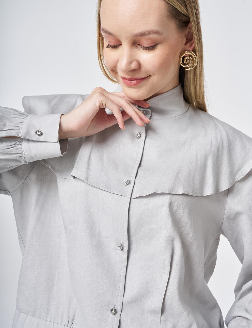 Volan Yakalı Kısa Ceket Açık Gri 