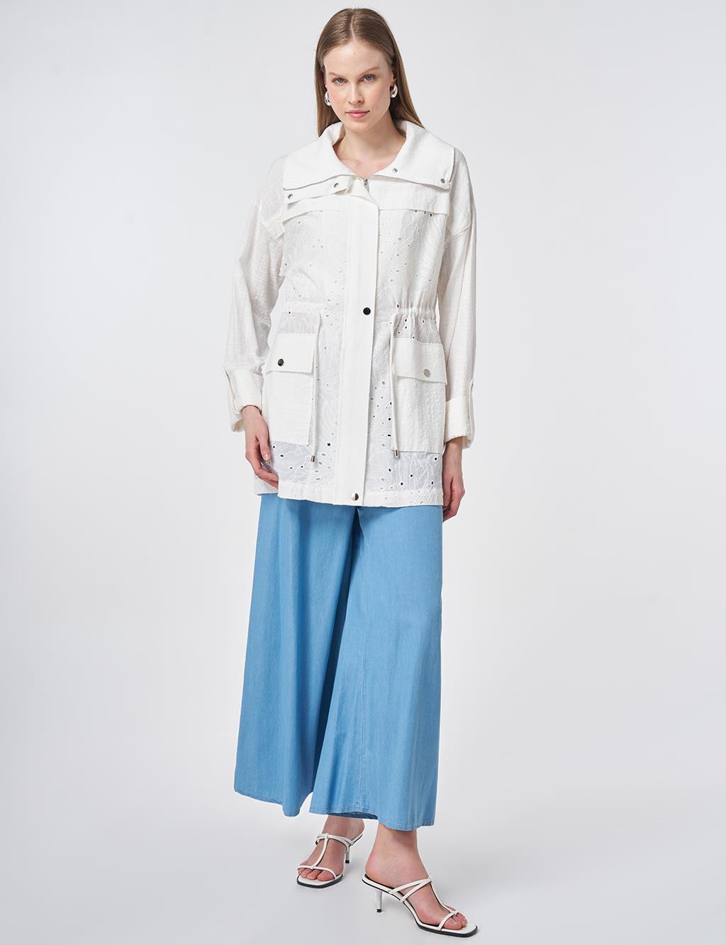 Pocket Detailed Broderie Trim Coat – Off White