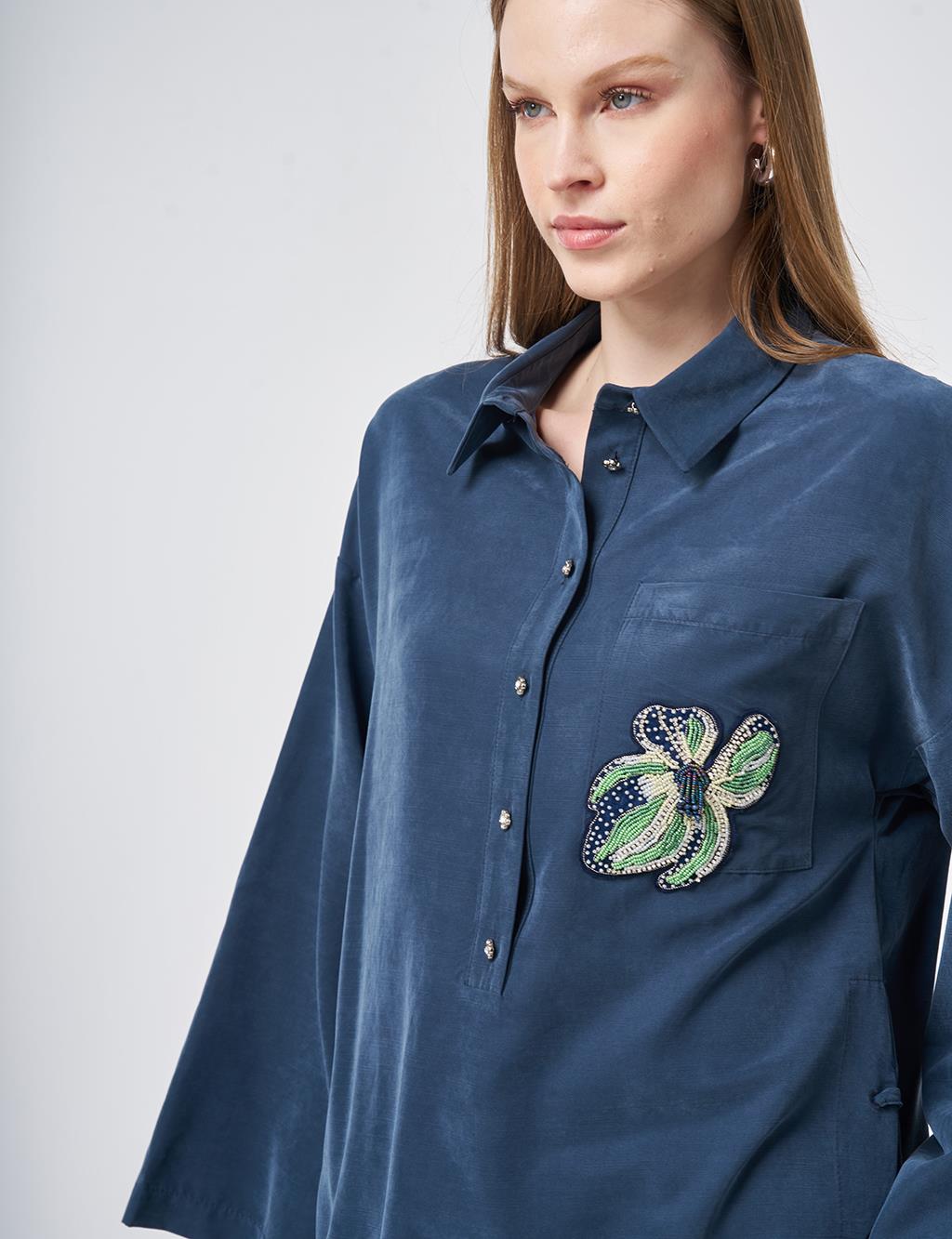 Beaded Embroidered Modal Tunic – Dark Navy