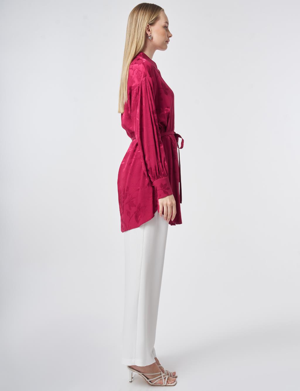 Tie Belt Detailed Wide Cuff Viscose Tunic – Cherry
