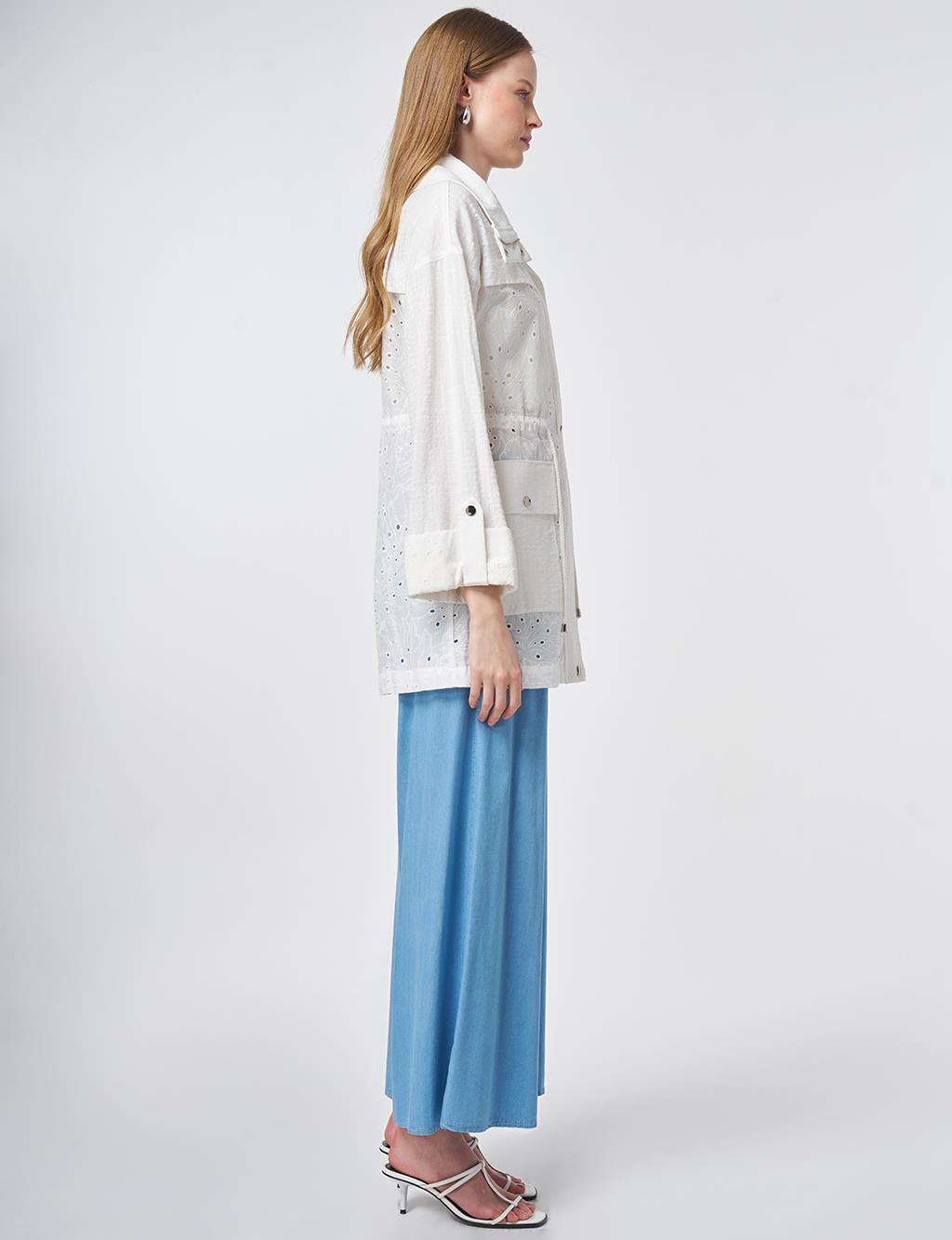 Pocket Detailed Broderie Trim Coat – Off White