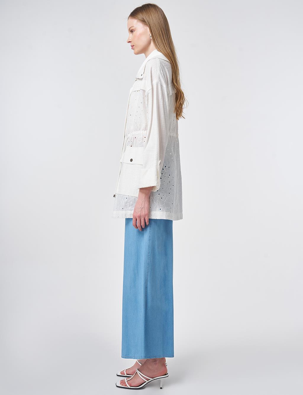 Pocket Detailed Broderie Trim Coat – Off White