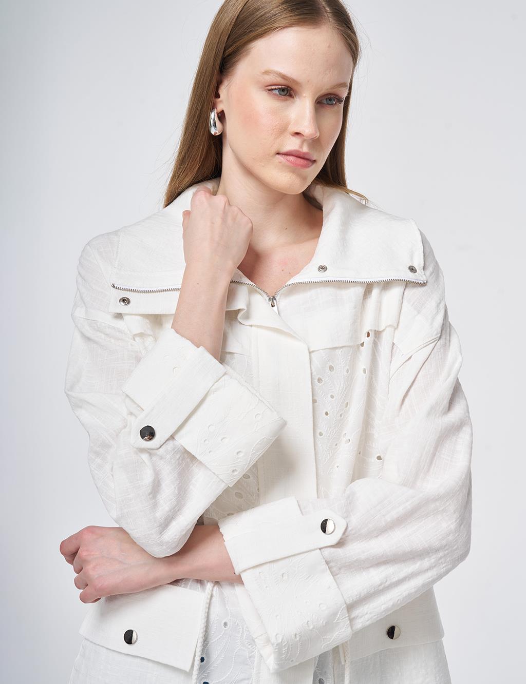 Pocket Detailed Broderie Trim Coat – Off White