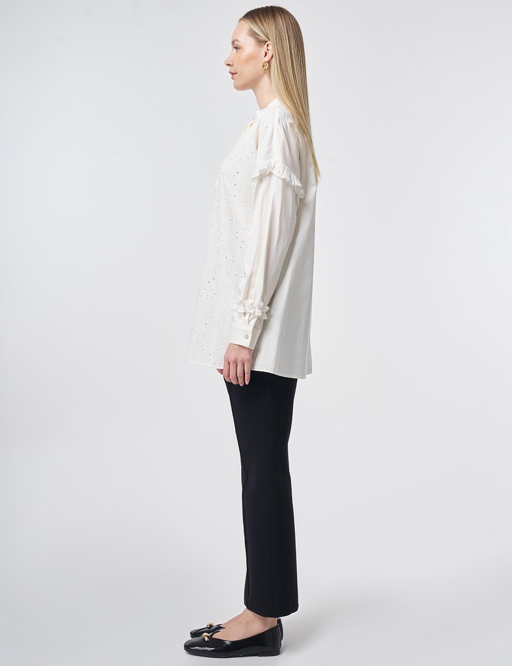 Broderie Trim Modal Blouse – Ecru