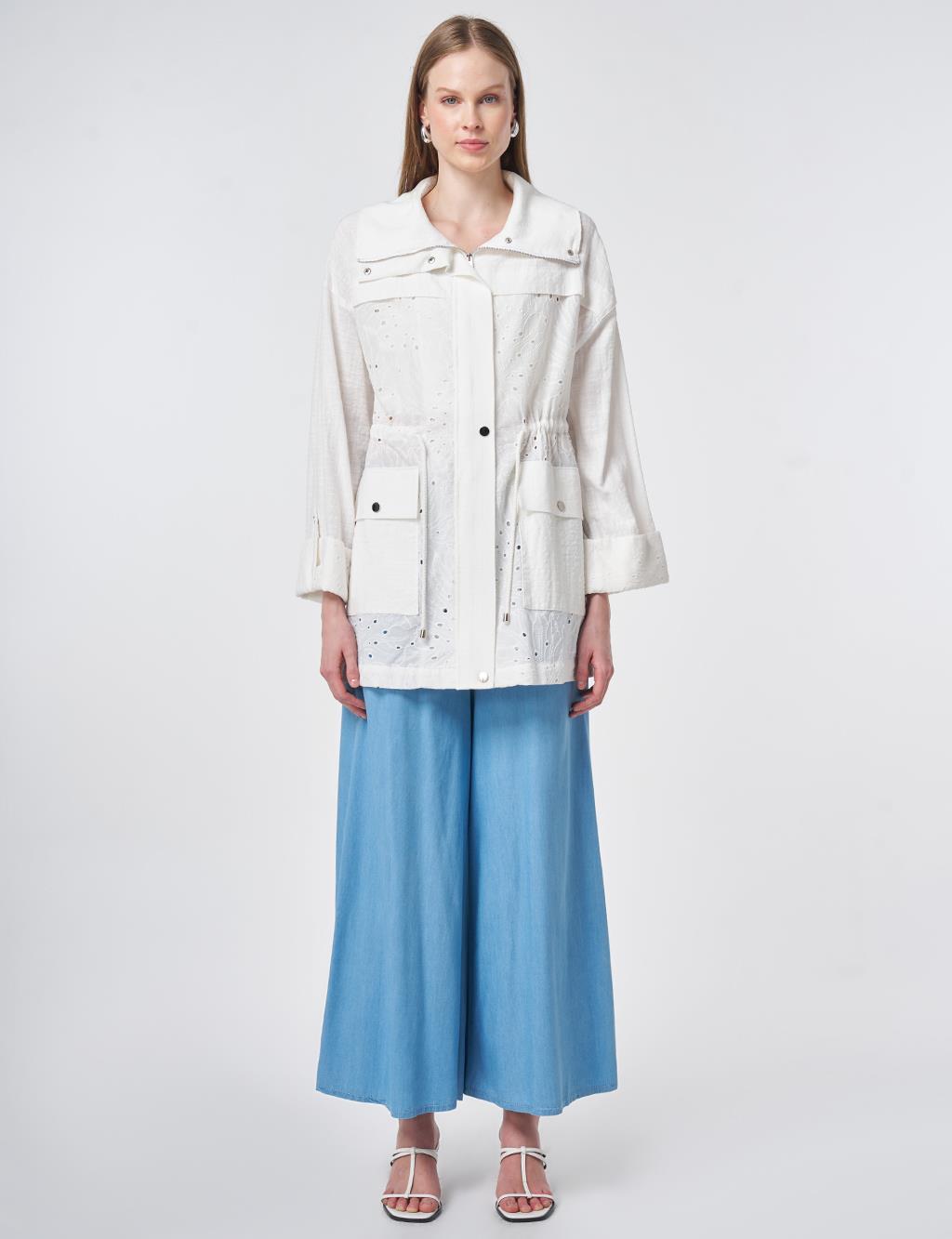 Pocket Detailed Broderie Trim Coat – Off White