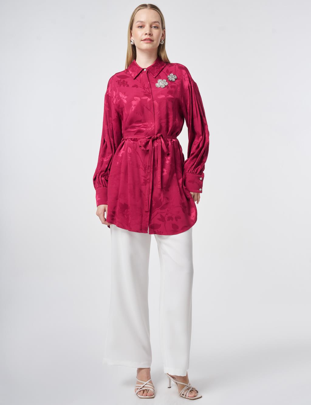 Tie Belt Detailed Wide Cuff Viscose Tunic – Cherry