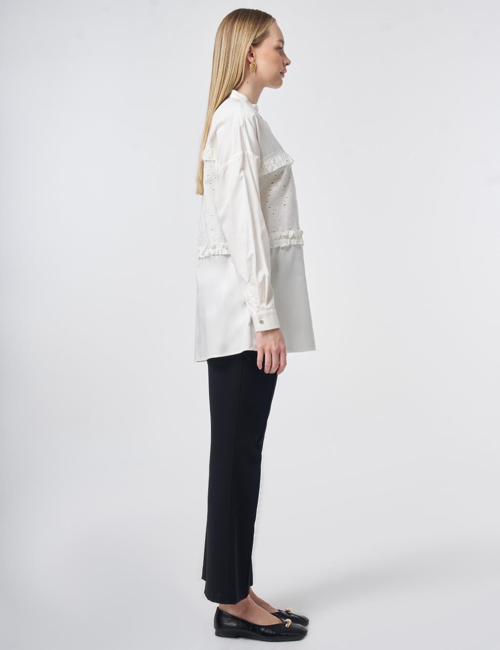 Broderie Trim Modal Blouse – Ecru