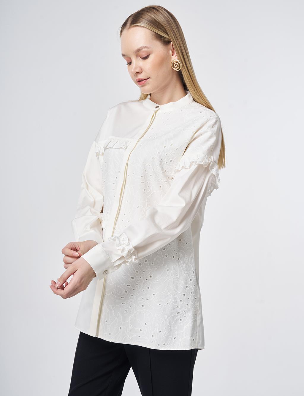 Broderie Trim Modal Blouse – Ecru